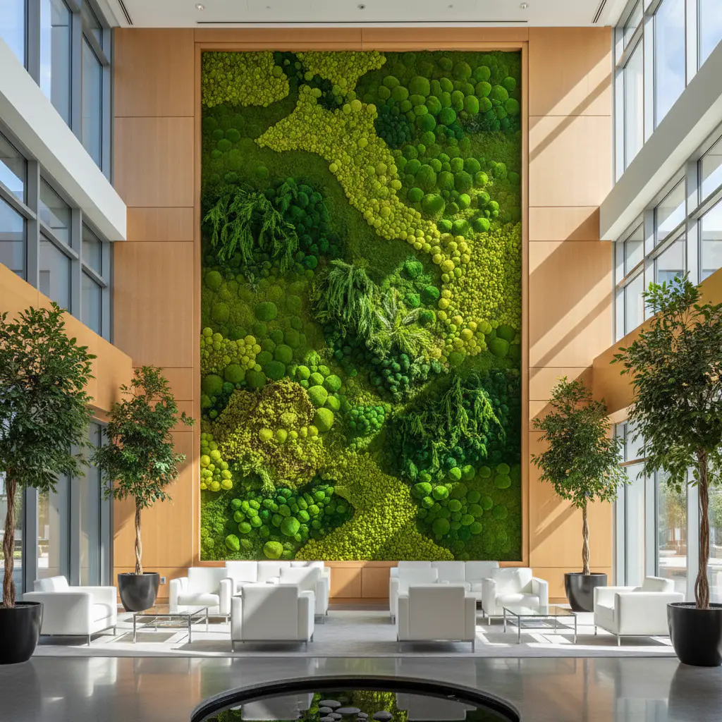 Large scale preserved moss wall installation in a corporate atrium
